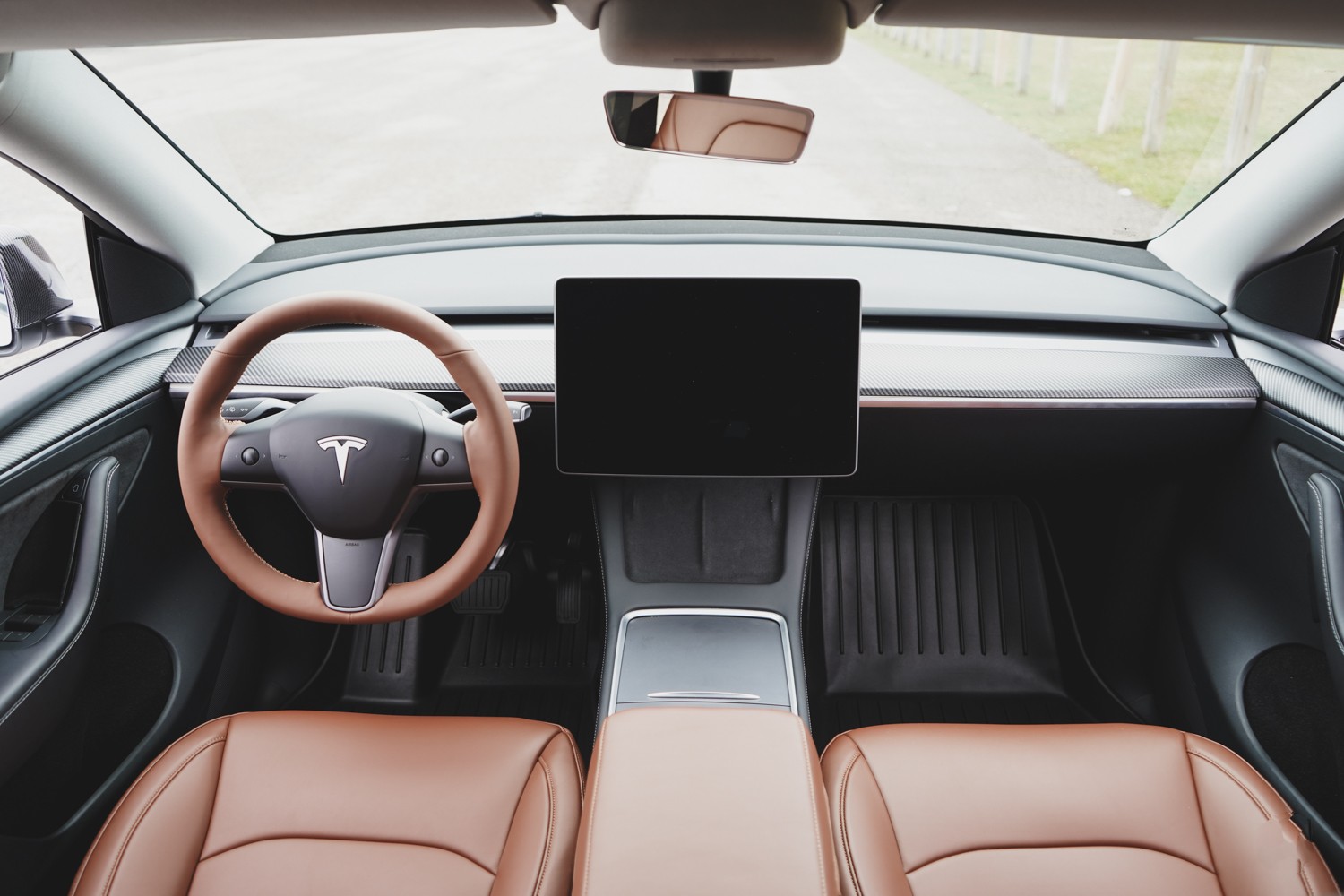 Nappa Leather Steering Wheel Cover Hand Stitched for Model Y - Saddle Tan